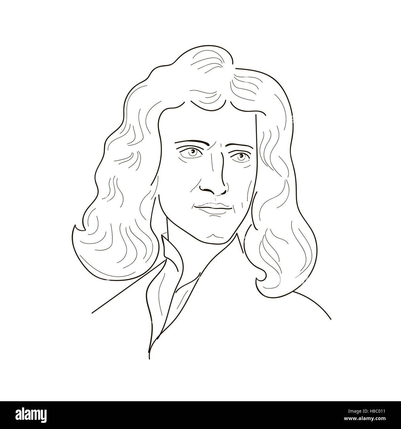 Isaac Newton, ein englischer Physiker und Mathematiker. Skizzieren Sie die Abbildung. Vektor. Stock Vektor