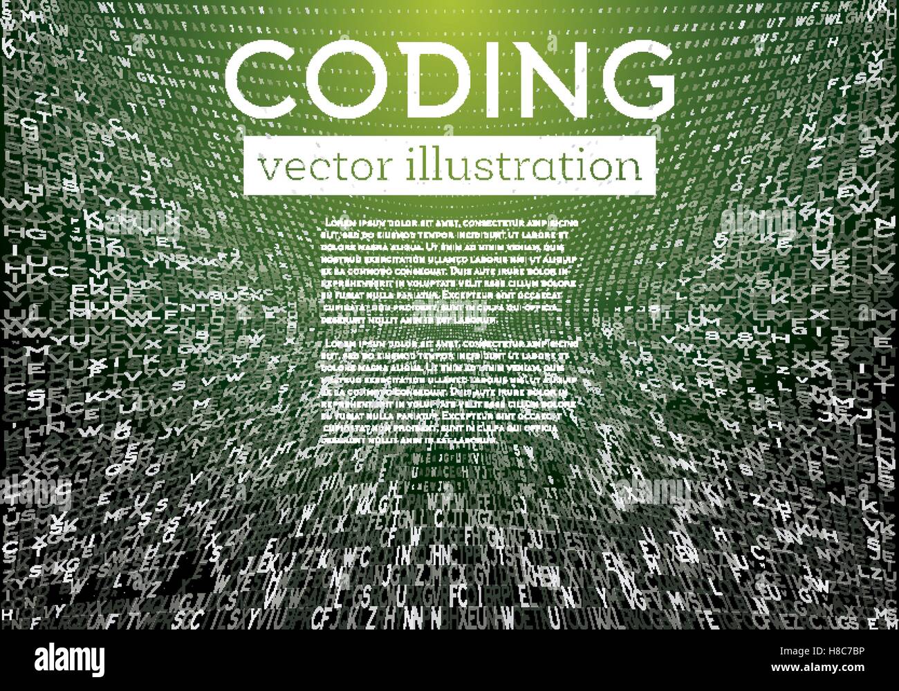 Abstrakte grüne Technologie Hintergrund mit verschiedenen Buchstaben. Hacker-Konzept. Big Data-Visualisierung. Vektor-Illustration. Stock Vektor