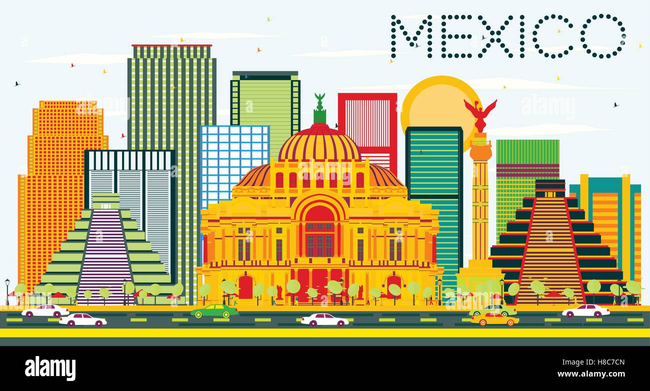 Mexiko-Skyline mit Farbe Gebäuden und blauer Himmel. Vektor-Illustration. Geschäftsreisen und Tourismus-Konzept Stock Vektor