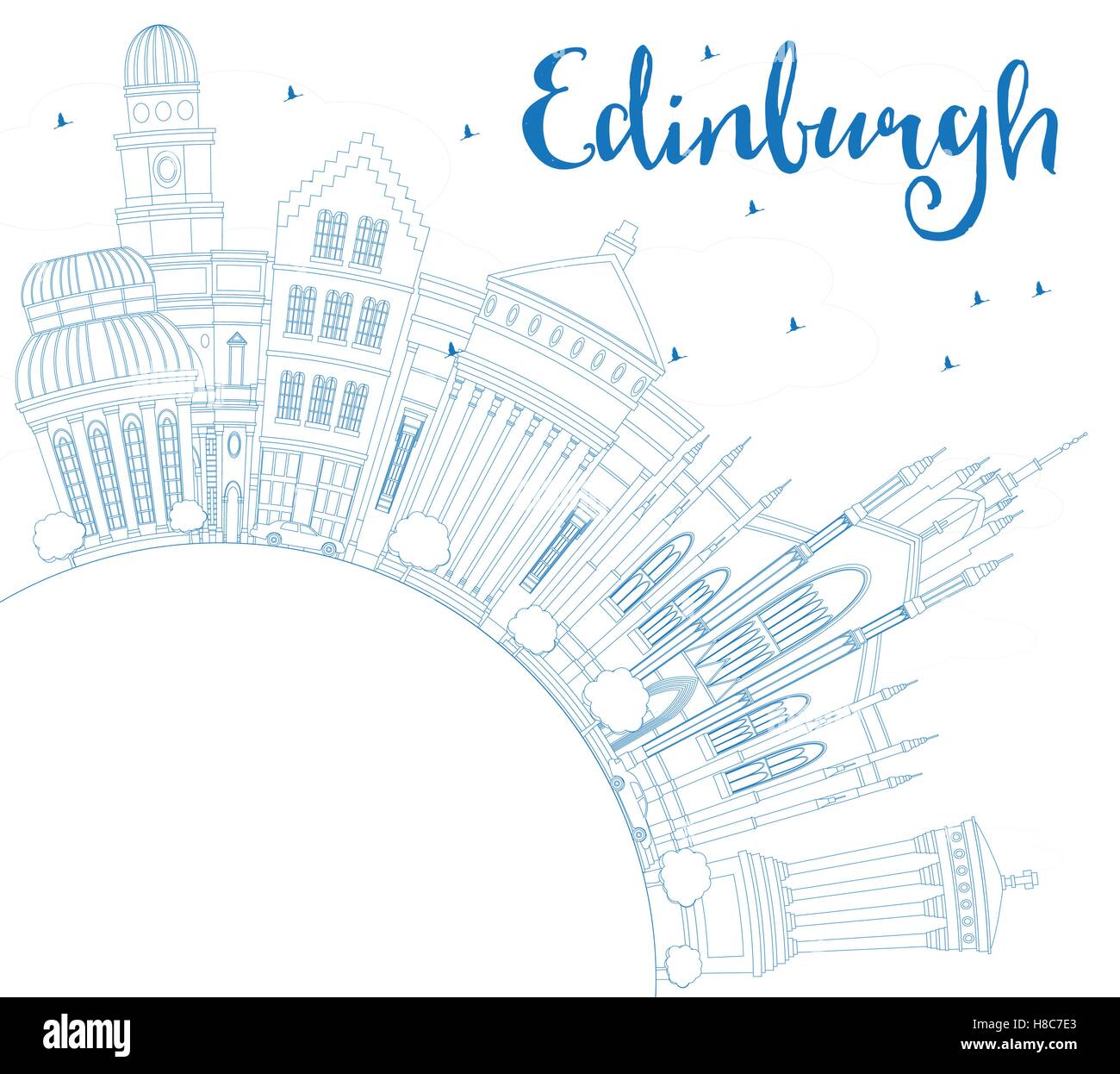 Umriss Edinburgh mit blauen Gebäuden und textfreiraum Skyline. Vektor-Illustration. Geschäftsreisen und Tourismus-Konzept Stock Vektor