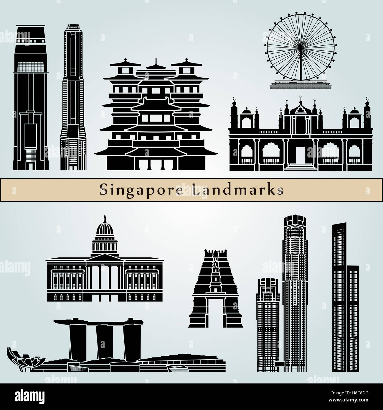 Singapur-V2 Wahrzeichen und Denkmäler auf blauem Hintergrund in bearbeitbare Vektordatei isoliert Stockfoto