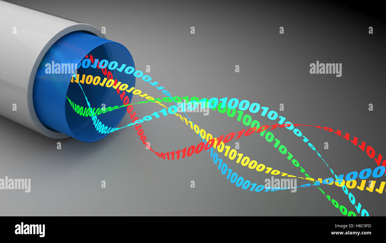 abstrakt 3d Illustration der Faseroptik Kabel und binäre Datenstrom innerhalb Stockfoto