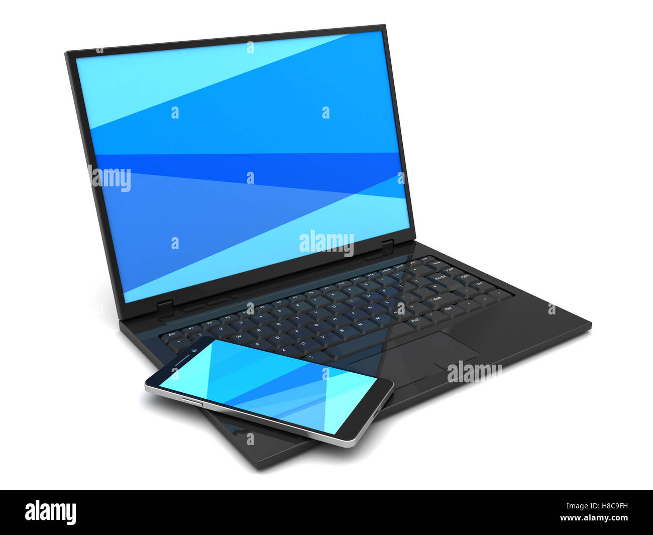 3D Abbildung des Laptop-Computer und Mobiltelefon, blau Farb-Bildschirm Stockfoto