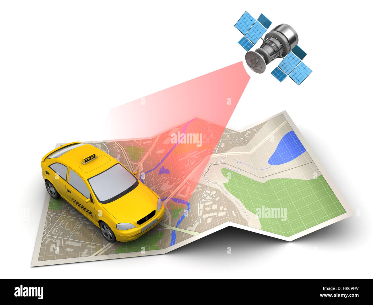3D Abbildung des Taxi-Ortung auf Karte Stockfoto