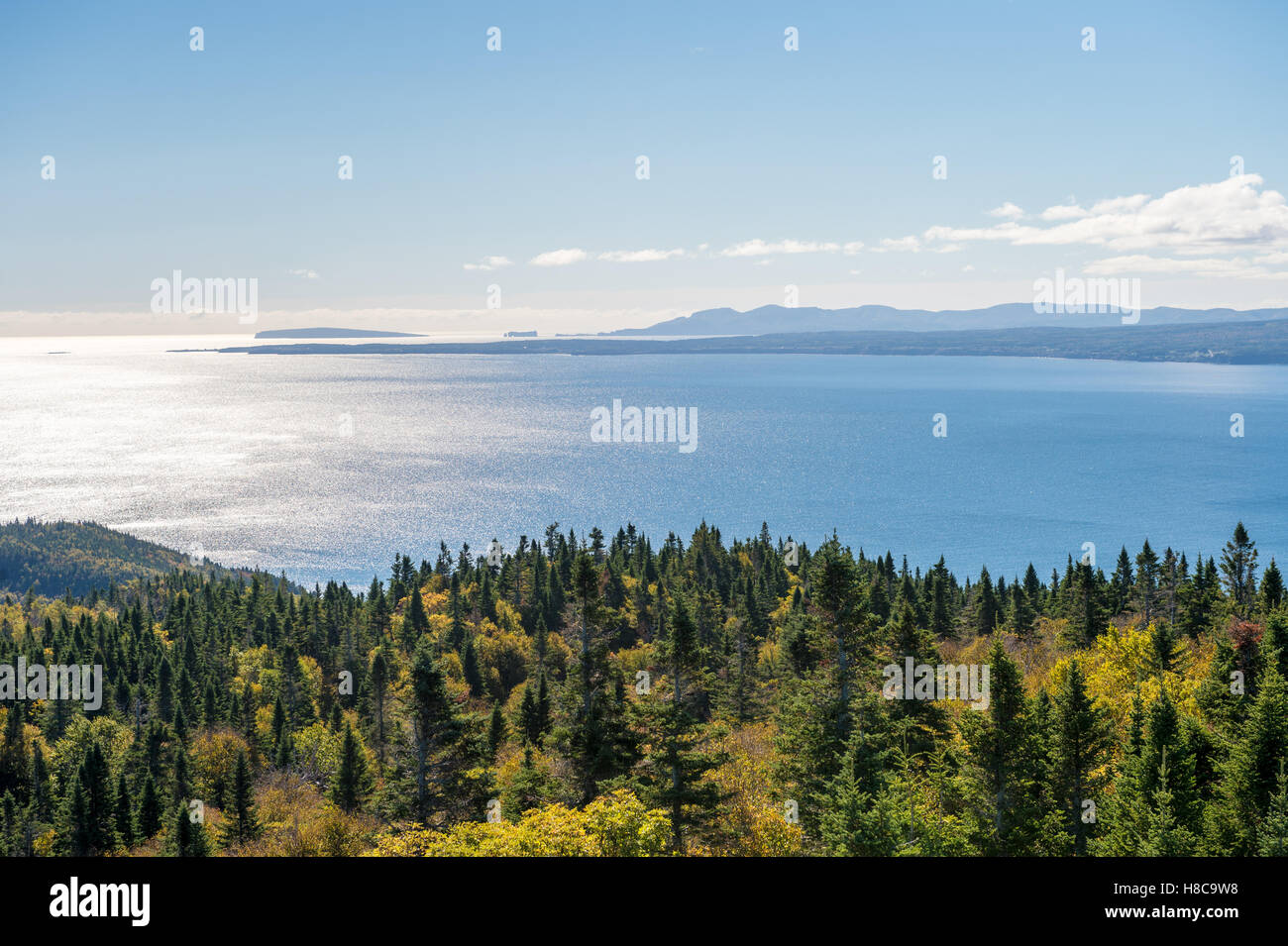 Blick vom Mont-Saint-Alban Aussichtspunkt im Forillon Nationalpark, Gaspe Halbinsel, Quebec, Kanada. Percé Felsen in der Ferne. Stockfoto