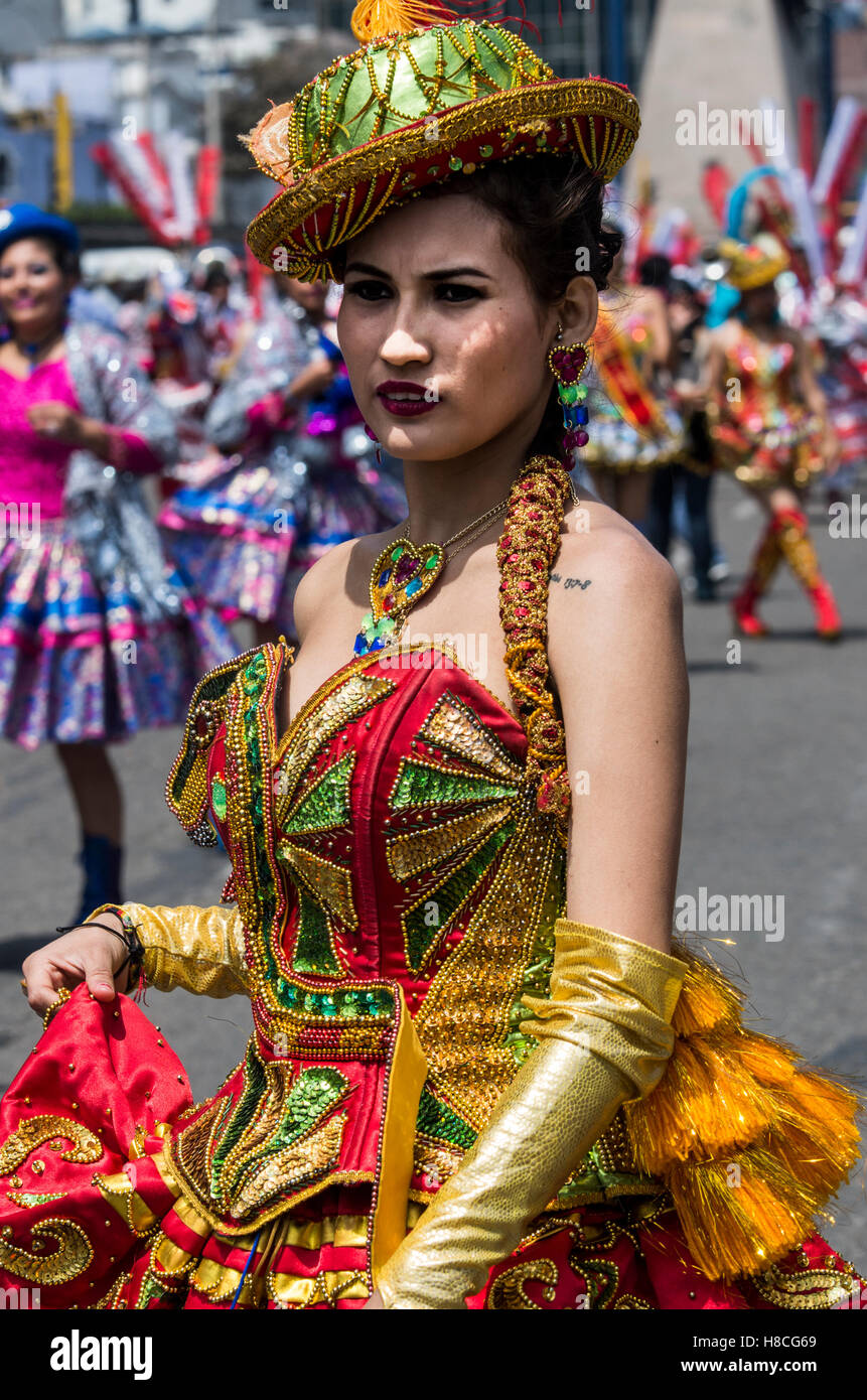 Folkloristische Tänzer aus der Region Puno, Peru. Stockfoto