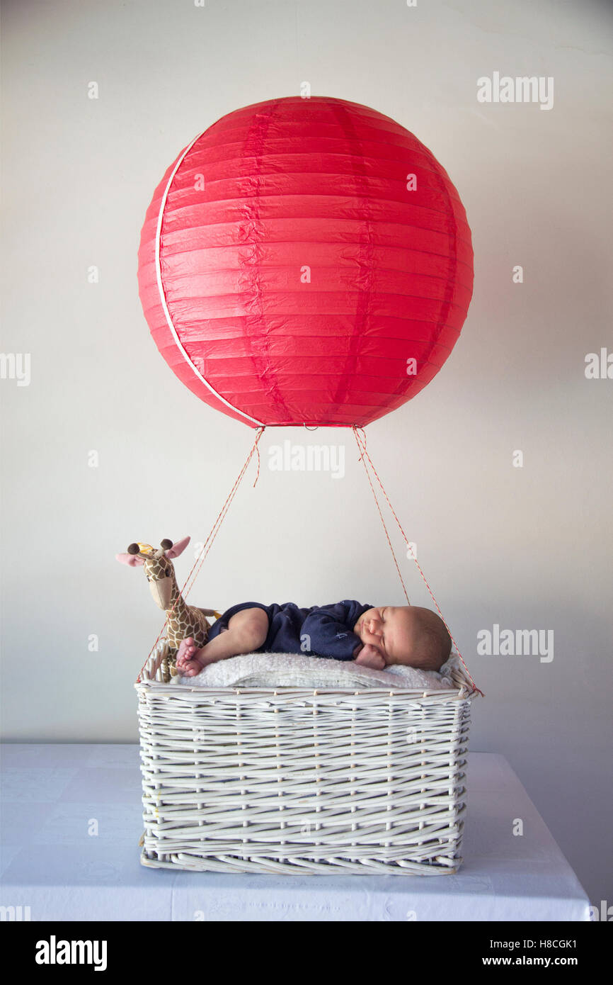 Ein neugeborenes Baby und seinen ausgestopften tierischen Freunden in zwei kleine Luftballons Stockfoto