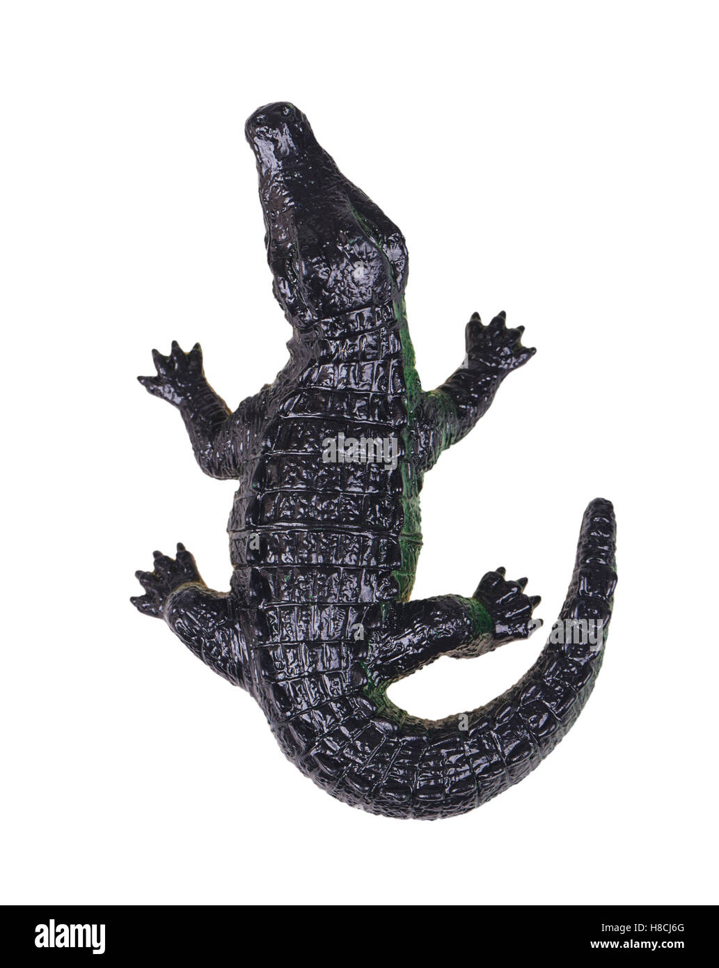 Krokodil Spielzeug auf weißem Hintergrund Blick von oben isoliert Stockfoto