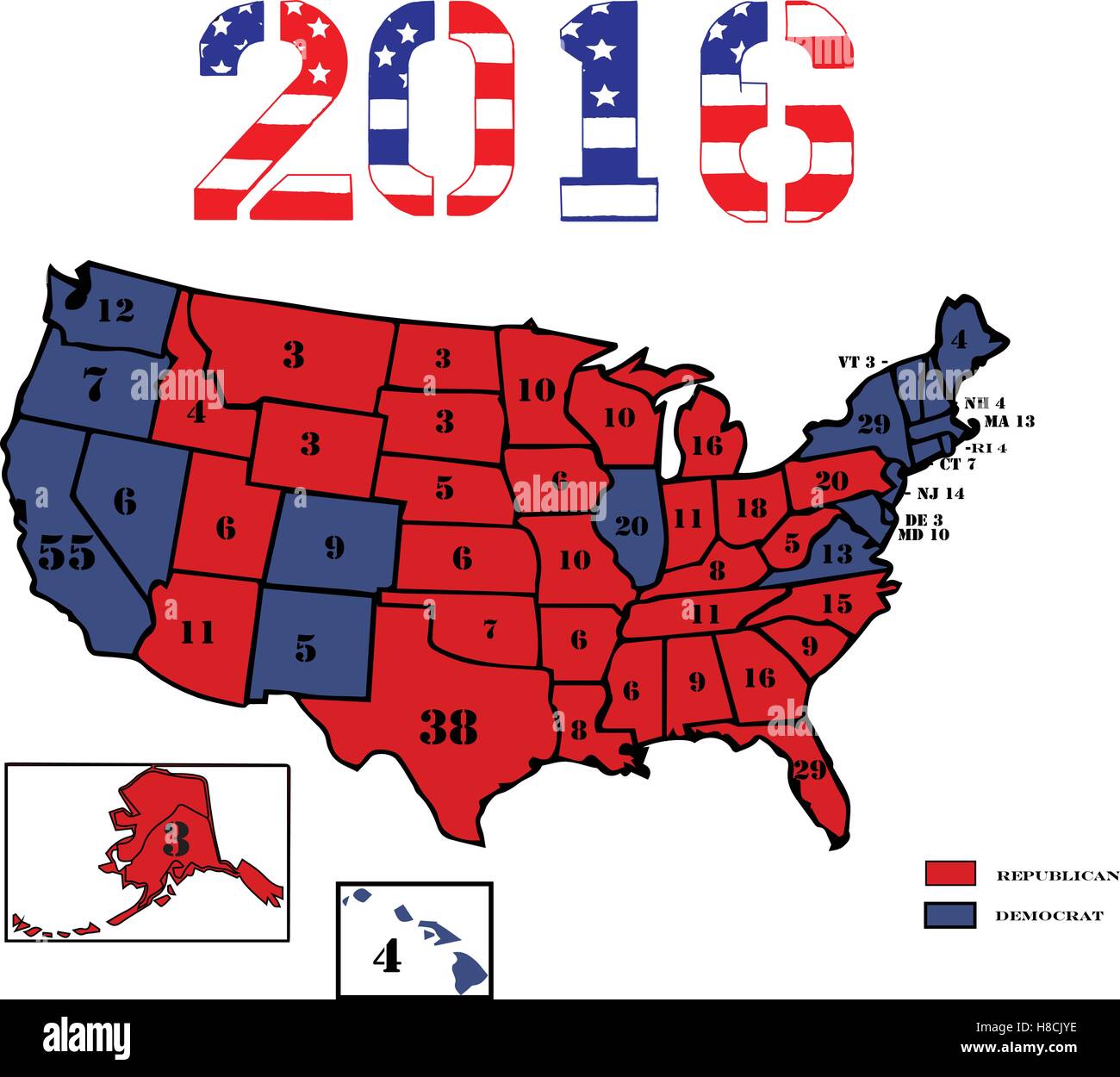 50 US-Bundesstaaten Republikaner rot, blau Demokrat und Anzeige der Anzahl von Wahlstimmen für die 2016 Wahl gefärbt. Stock Vektor