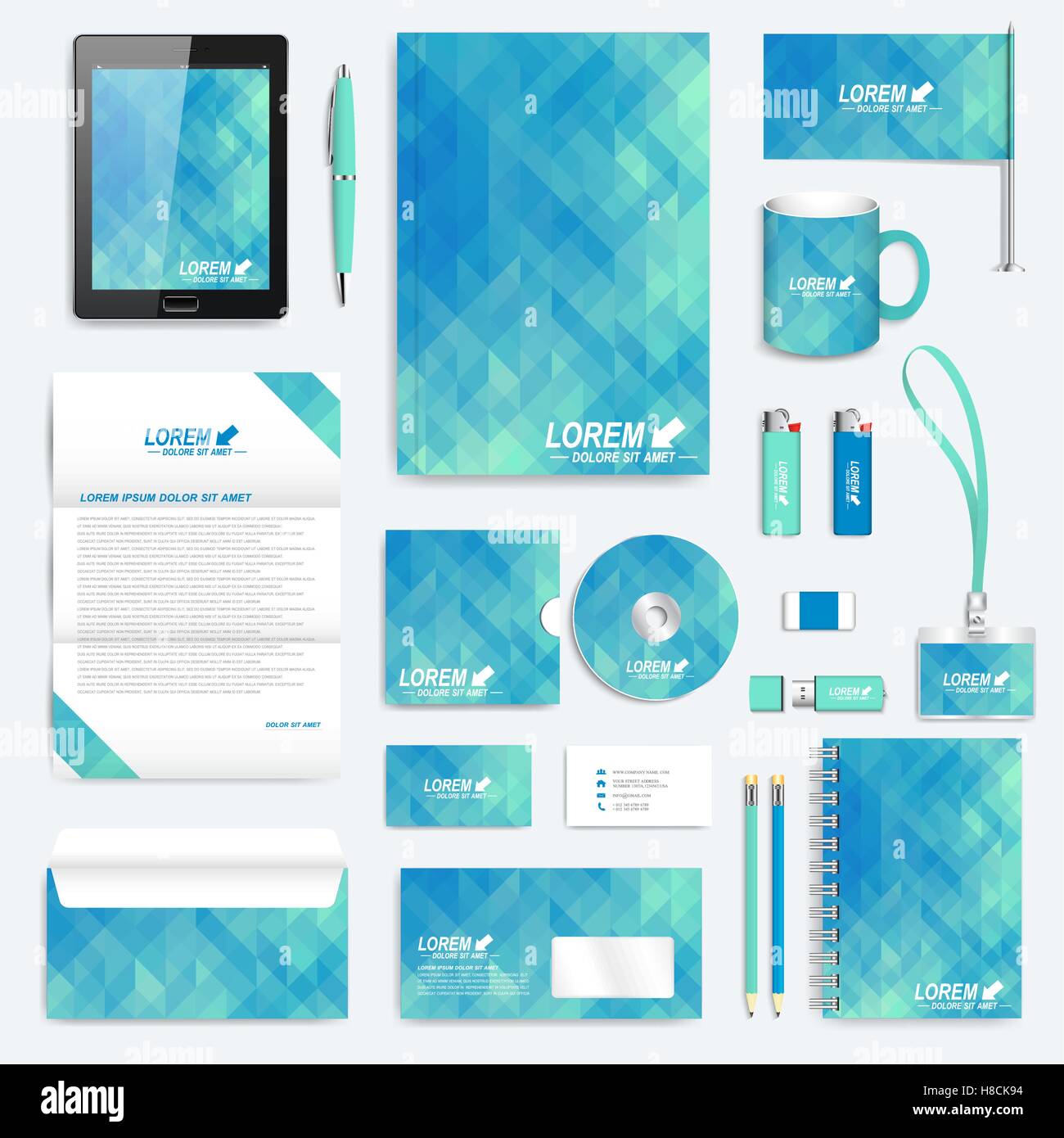 Blaue Reihe von Vektor-corporate Identity-Vorlage. Modernes Business Schreibwaren Mock-up. Hintergrund mit Dreiecken. Tablet pc letterhe Stock Vektor