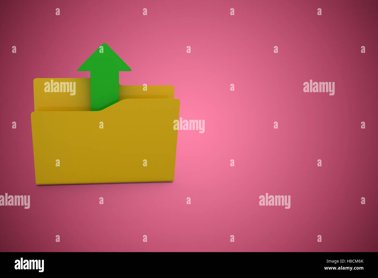 Zusammengesetztes Bild der gelben Ordner mit Symbol hochladen Stockfoto