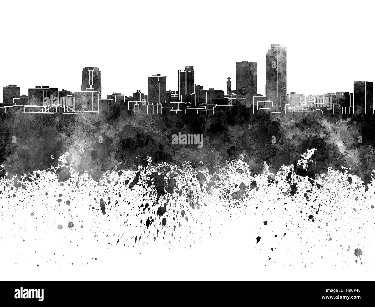 Skyline von Little Rock in schwarz Aquarell auf weißem Hintergrund Stockfoto