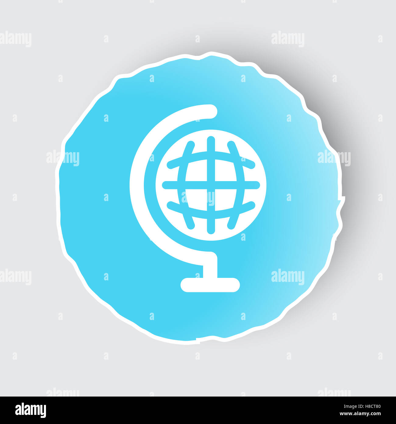 Blaue app-Schaltfläche mit Erde Globussymbol auf weiß. Stockfoto