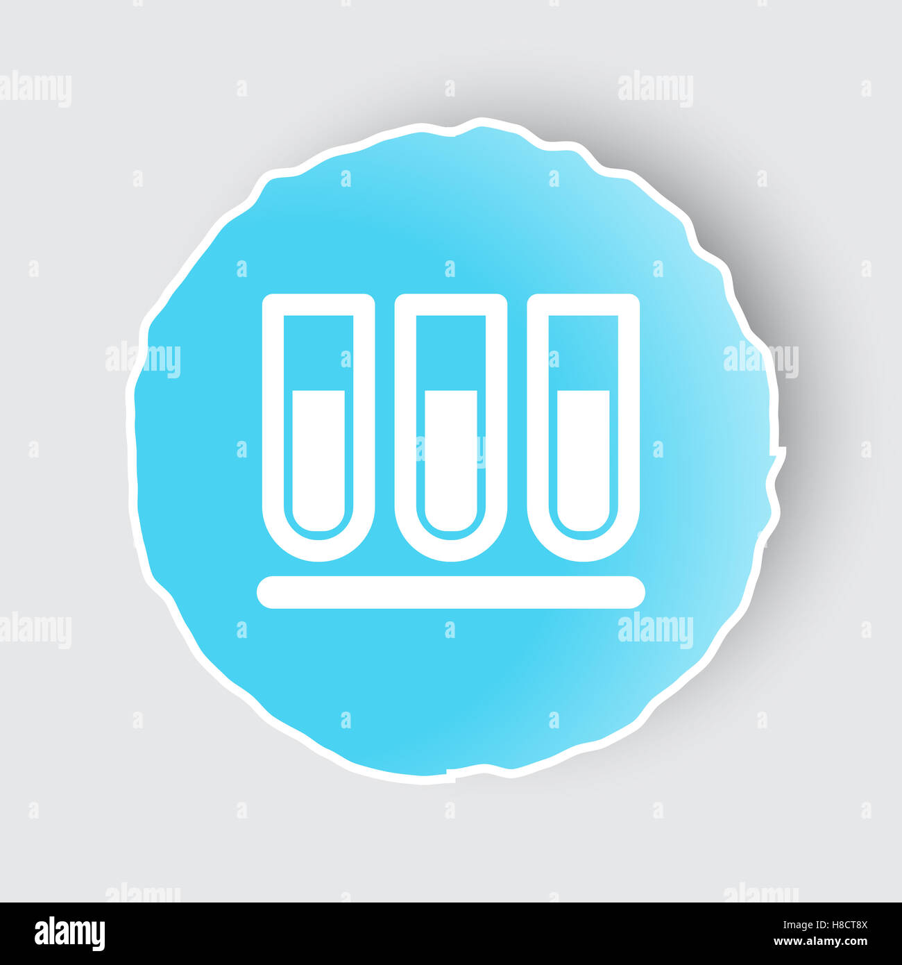 Blaue app Taste mit Reagenzglas-Symbol auf weiß. Stockfoto