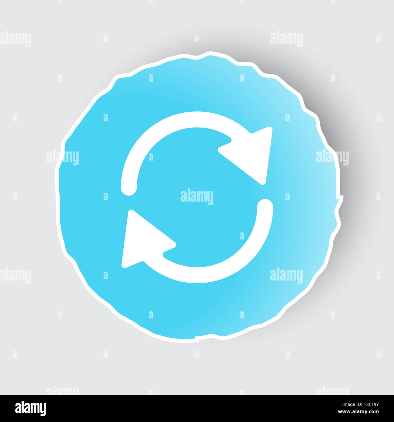 Blaue app-Schaltfläche mit Symbol "aktualisieren" auf weiß. Stockfoto