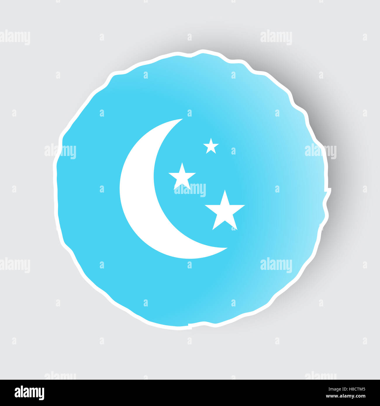 Blaue app-Schaltfläche mit Mond und Sternen-Symbol auf weiß. Stockfoto