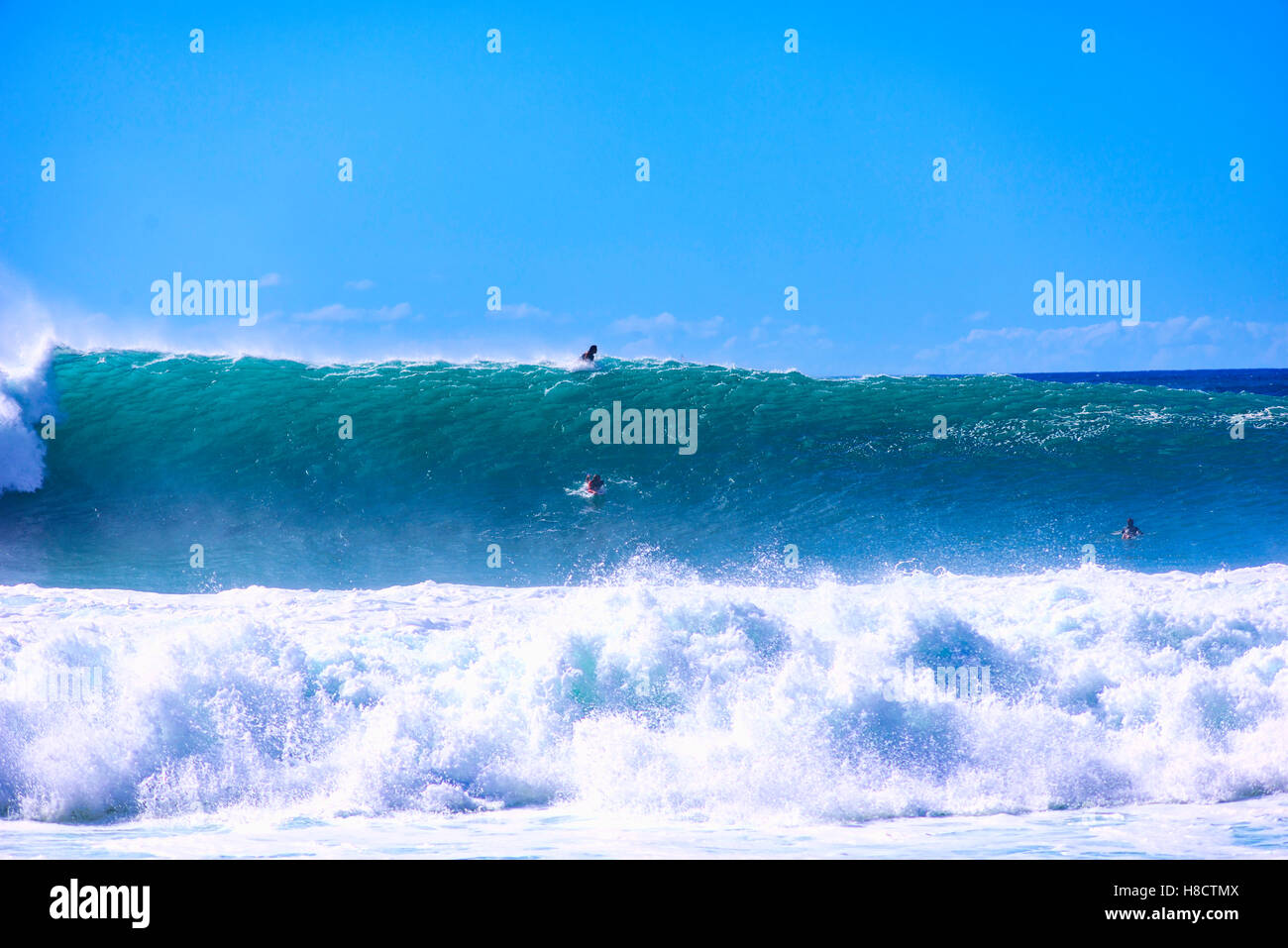 & Bodyboarder Surfer auf Hawaii Banzai Pipeline auf diesem Oktober Tag Wellen waren 15-20 Fuß. Stockfoto