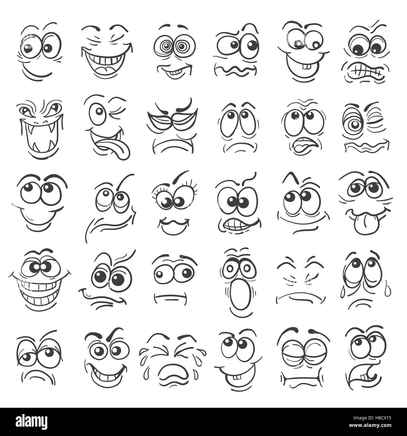 Comic-Gesicht Emotion Satz. Verschiedene Gesichtsausdrücke in Gekritzelart isoliert auf weiss. Vektor-Illustration. Stock Vektor