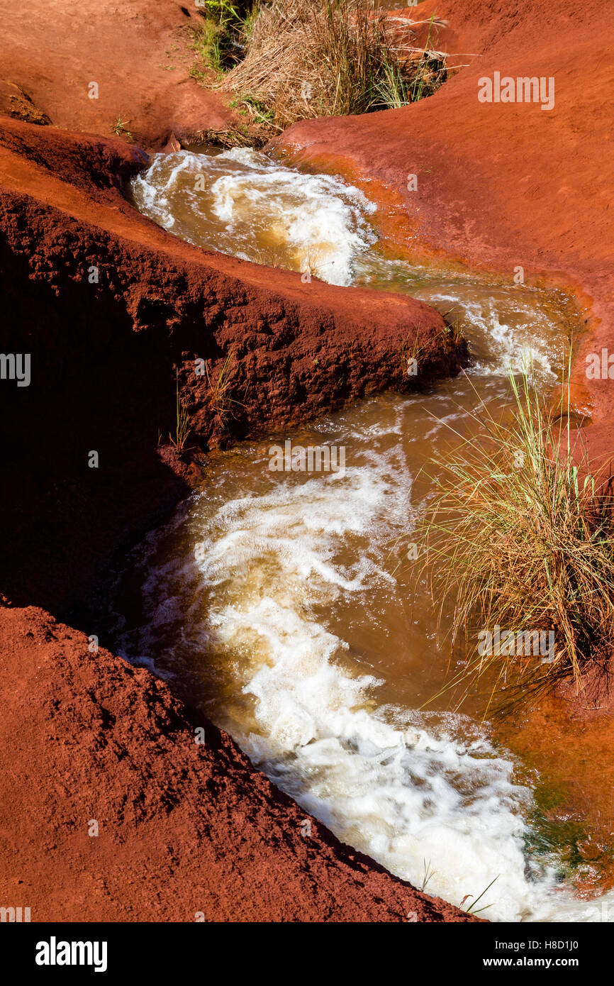 Ein kleiner Wasserfall Graben durch rote Erde in der Waimea Canyon auf Kauai, Hawaii, USA. Stockfoto