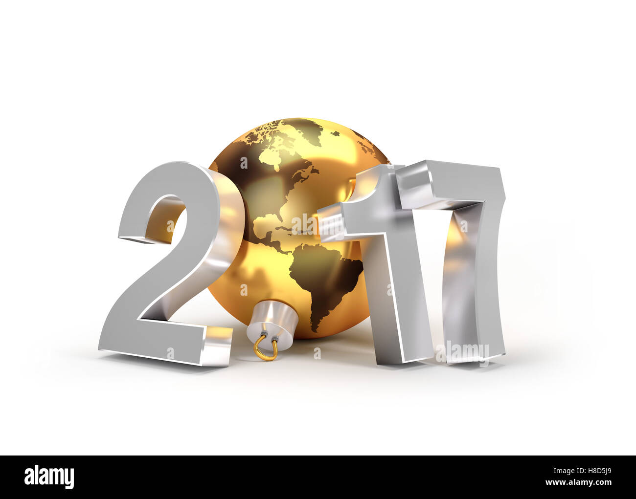 2017 Neujahr Typ mit Planetenerde in eine goldene Weihnachtskugel - 3D-Illustration Stockfoto