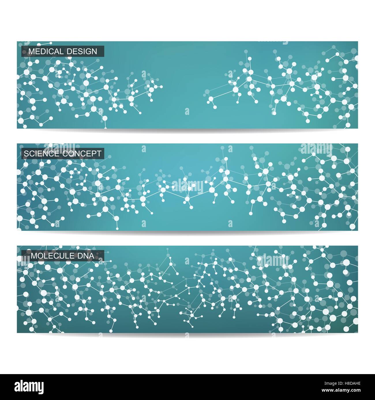 Satz von modernen wissenschaftlichen Banner. DNA-Molekül Struktur und Neuronen. Zusammenfassung Hintergrund. Medizin, Wissenschaft, Technik. Vektor-Illustration für Ihr Design. Stock Vektor