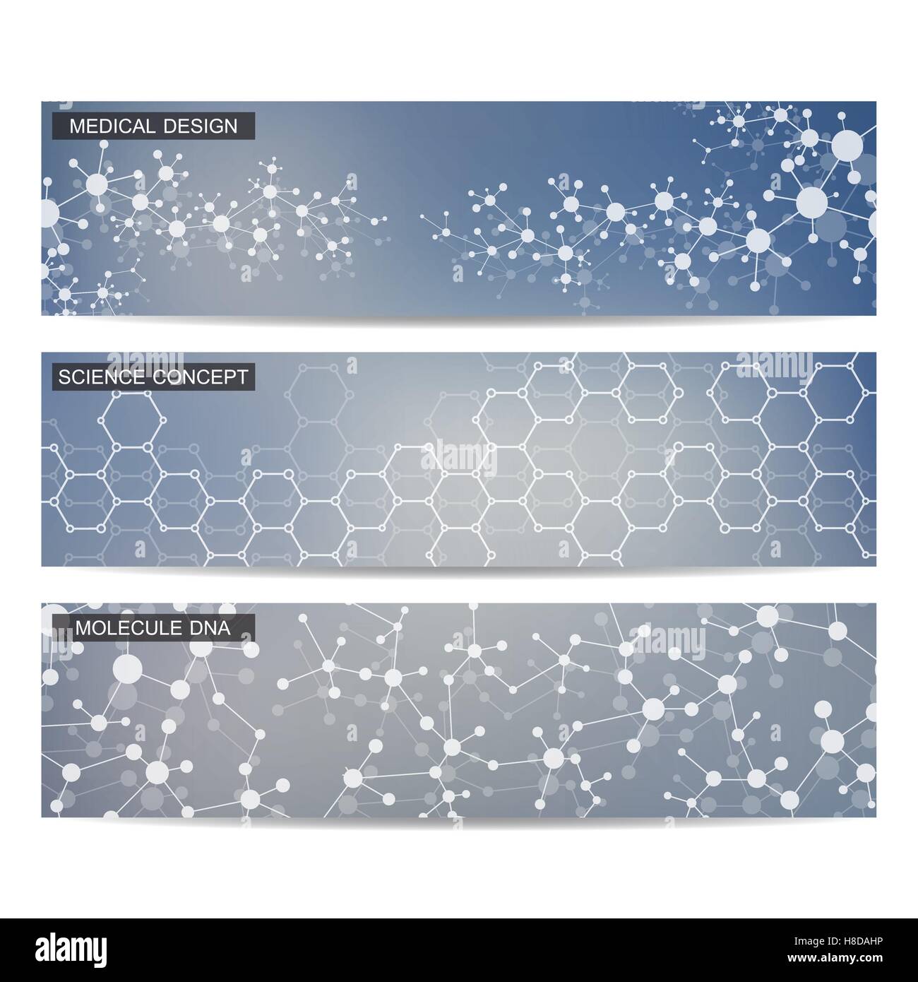 Satz von modernen wissenschaftlichen Banner. DNA-Molekül Struktur und Neuronen. Zusammenfassung Hintergrund. Medizin, Wissenschaft, Technik. Vektor-Illustration für Ihr Design. Stock Vektor