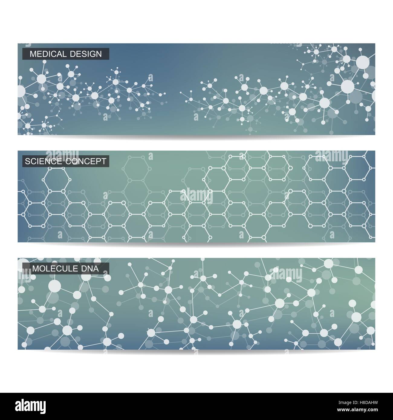 Satz von modernen wissenschaftlichen Banner. DNA-Molekül Struktur und Neuronen. Zusammenfassung Hintergrund. Medizin, Wissenschaft, Technik. Vektor-Illustration für Ihr Design. Stock Vektor