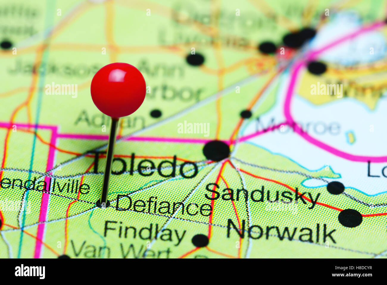 Defiance, fixiert auf einer Karte von Ohio, USA Stockfoto