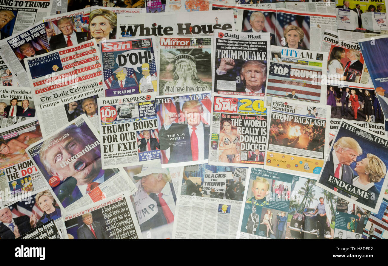 Die Titelseiten der britischen Zeitung berichten über das Ergebnis der US-Präsidentschaftswahl, in dem Donald Trump zum 45. Präsidenten der Vereinigten Staaten wurde. Stockfoto