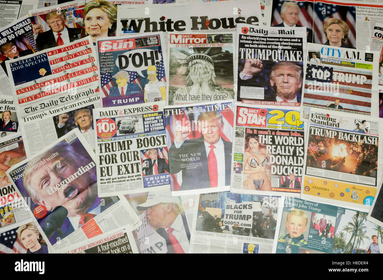 Die Titelseiten der britischen Zeitung berichten über das Ergebnis der US-Präsidentschaftswahl, in dem Donald Trump zum 45. Präsidenten der Vereinigten Staaten wurde. Stockfoto