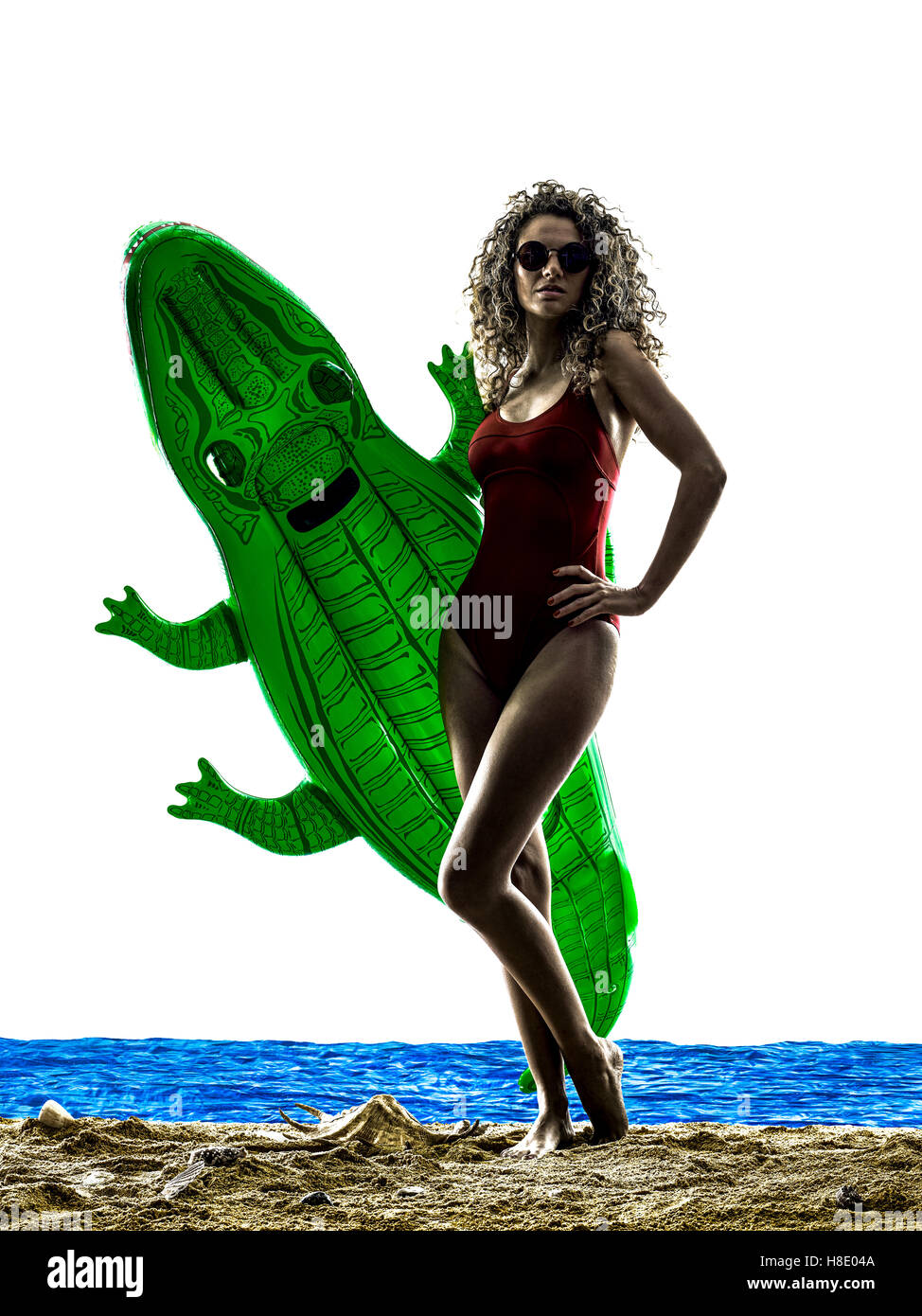 Frau am Strand Meer Sonne Urlaub Ferien Silhouette isoliert auf weißem Hintergrund Stockfoto
