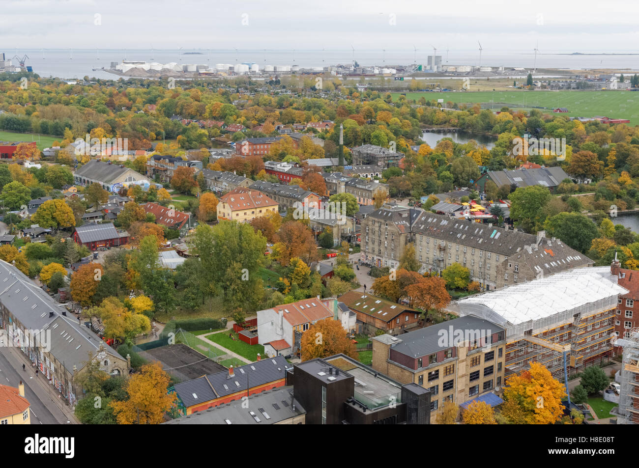 Panoramablick über Freetown Christiania von Kirche von unseres Erlösers (Vor Frelsers Kirke) in Kopenhagen, Dänemark Stockfoto