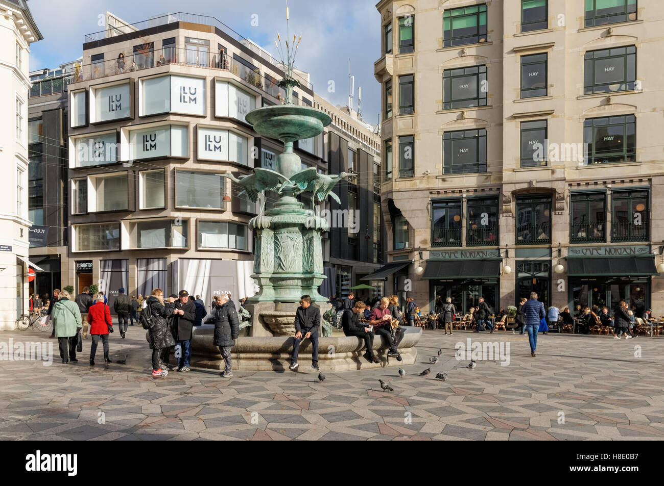 Der Storch-Brunnen am Amagertorv (Amager Square) in Kopenhagen, Dänemark Stockfoto