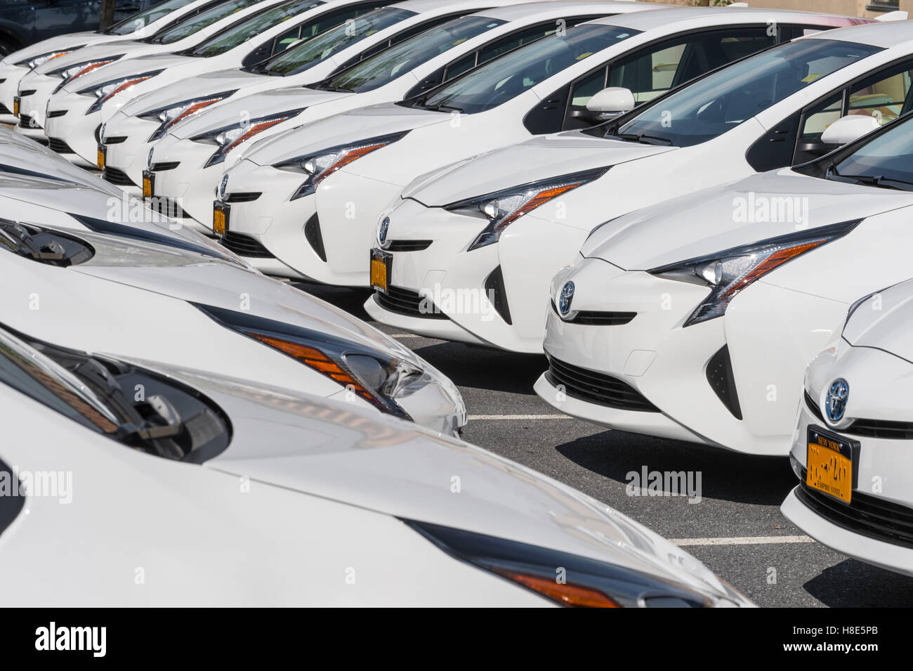 Reihen von weißen Autos im Autohaus Parkplatz Stockfoto