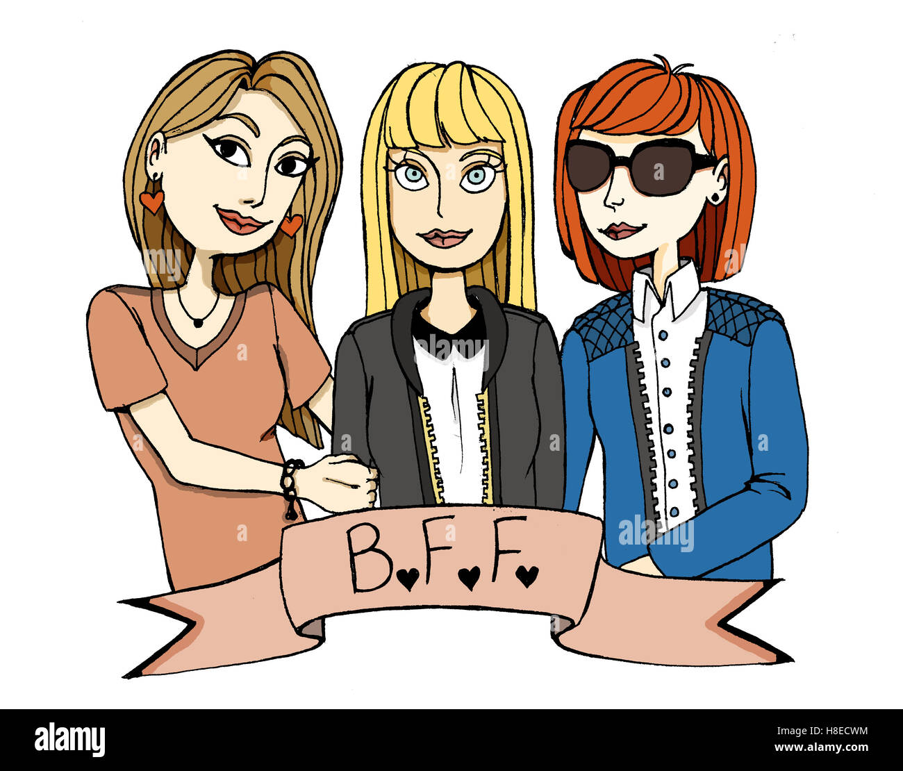 Drei Mädchen gut befreundet, gefärbt. Brünette, blonde und rote Haare, eine mit Sonnenbrille. Stockfoto