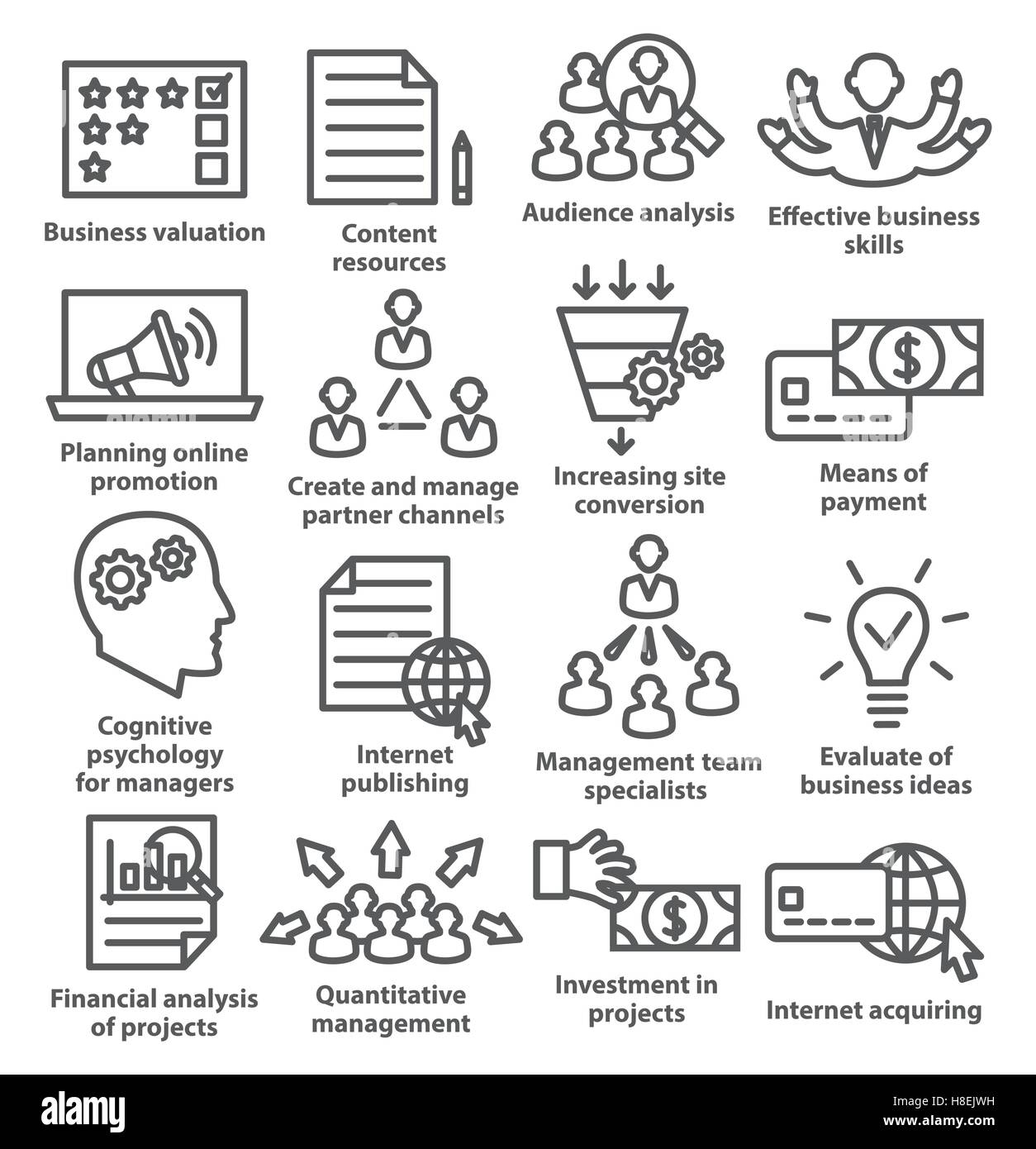 Business Management Symbole in Linienart auf weiß. Pack 09. Stock Vektor