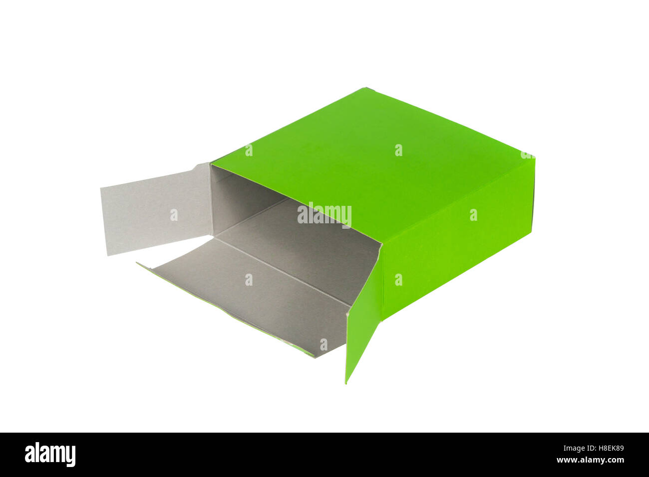 Green Box mit Deckel geöffnet oder grünen Papier Verpackung isoliert auf weißem Hintergrund Stockfoto