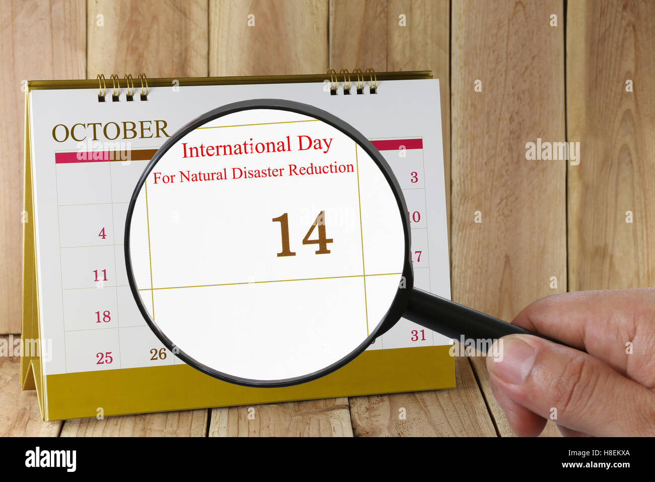 Lupe in der Hand im Kalender sehen Sie internationale Tag für Katastrophenvorbeugung im 14. Oktober Konzept einer PU Stockfoto