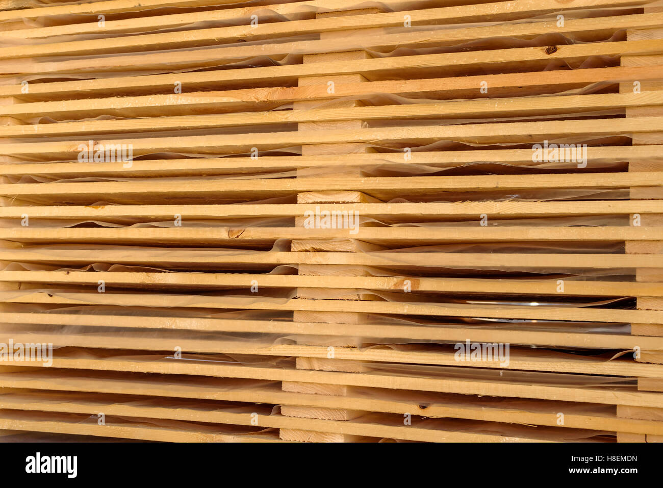 Schichten von dünnen Holzbrettern bedeckt aus transparentem Kunststoff. Stockfoto