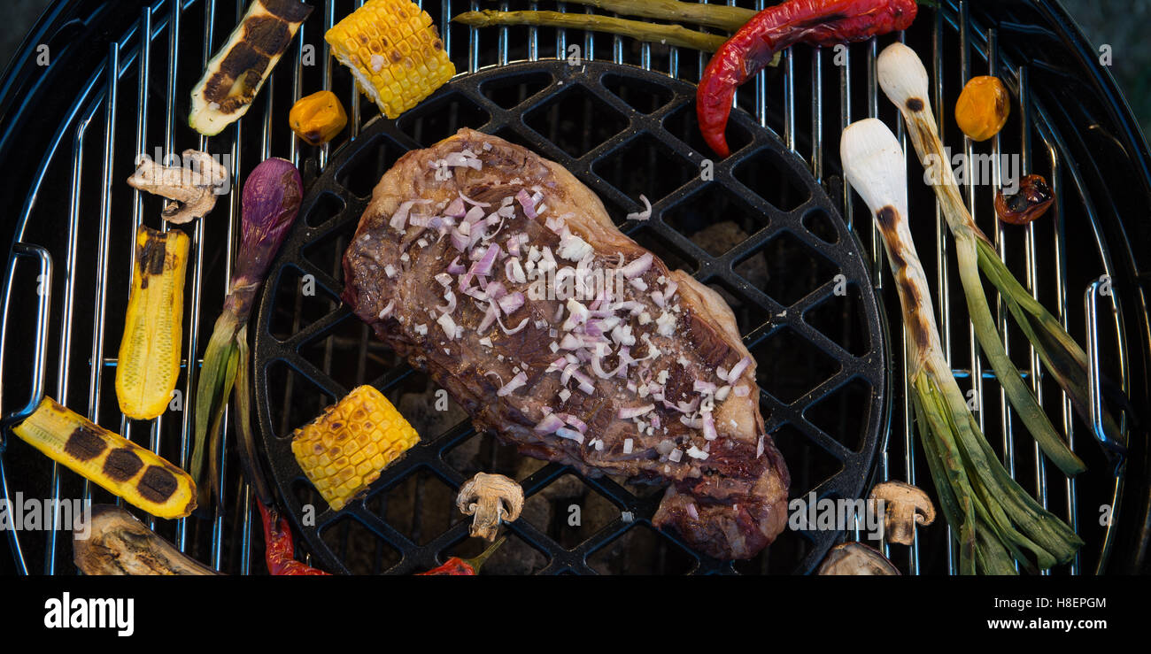 Sortierte leckeres Gegrilltes Fleisch mit Gemüse über die Kohlen auf einem Grill, Frankreich Stockfoto