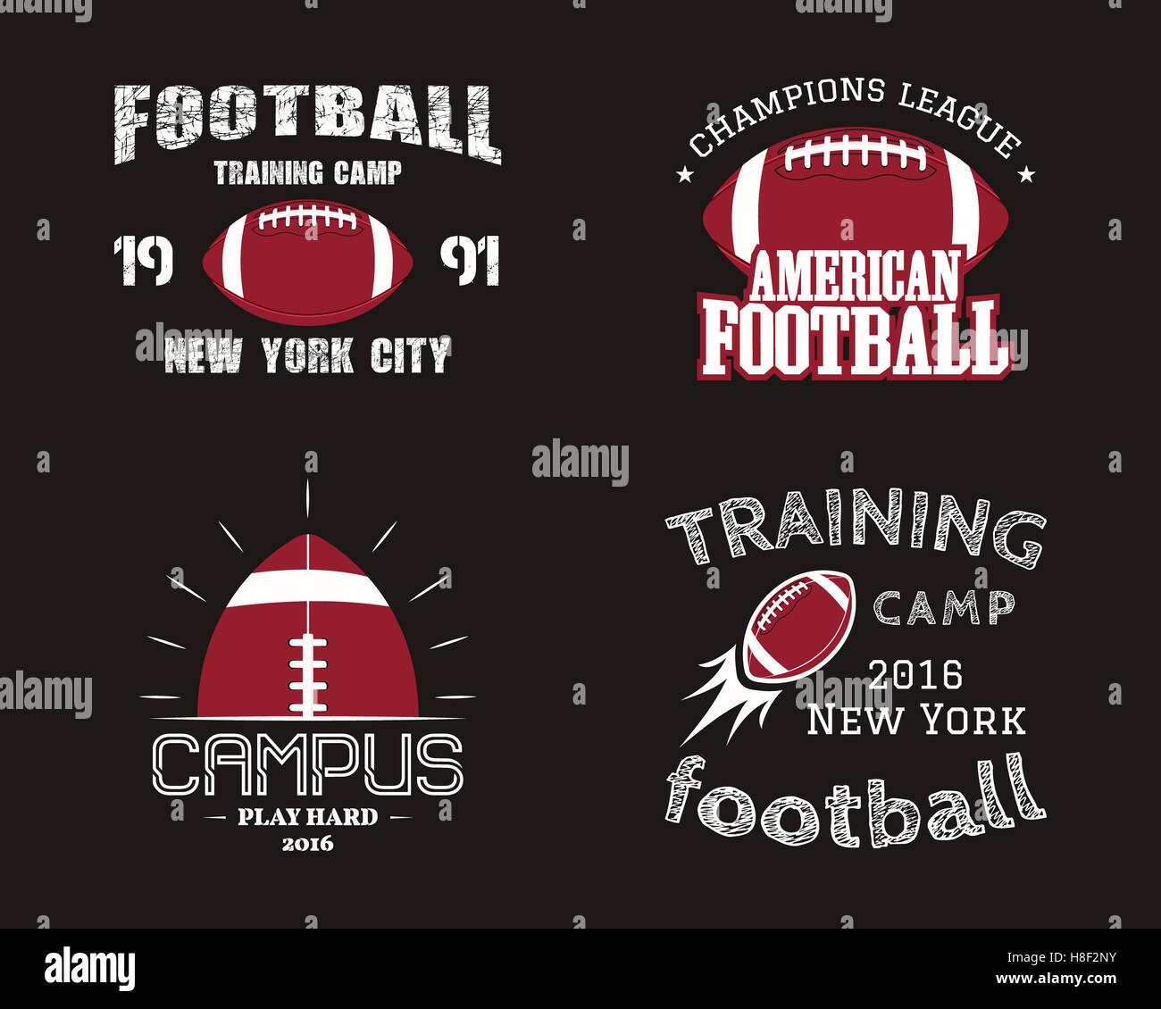 Satz von american-Football-Team Campus Abzeichen, Logos, Beschriftungen, Insignien im Retro-Stil. Vintage Grafikdesign für T-shirt, web. Bunter Print auf einem dunklen Hintergrund isoliert. Abbildung Stockfoto