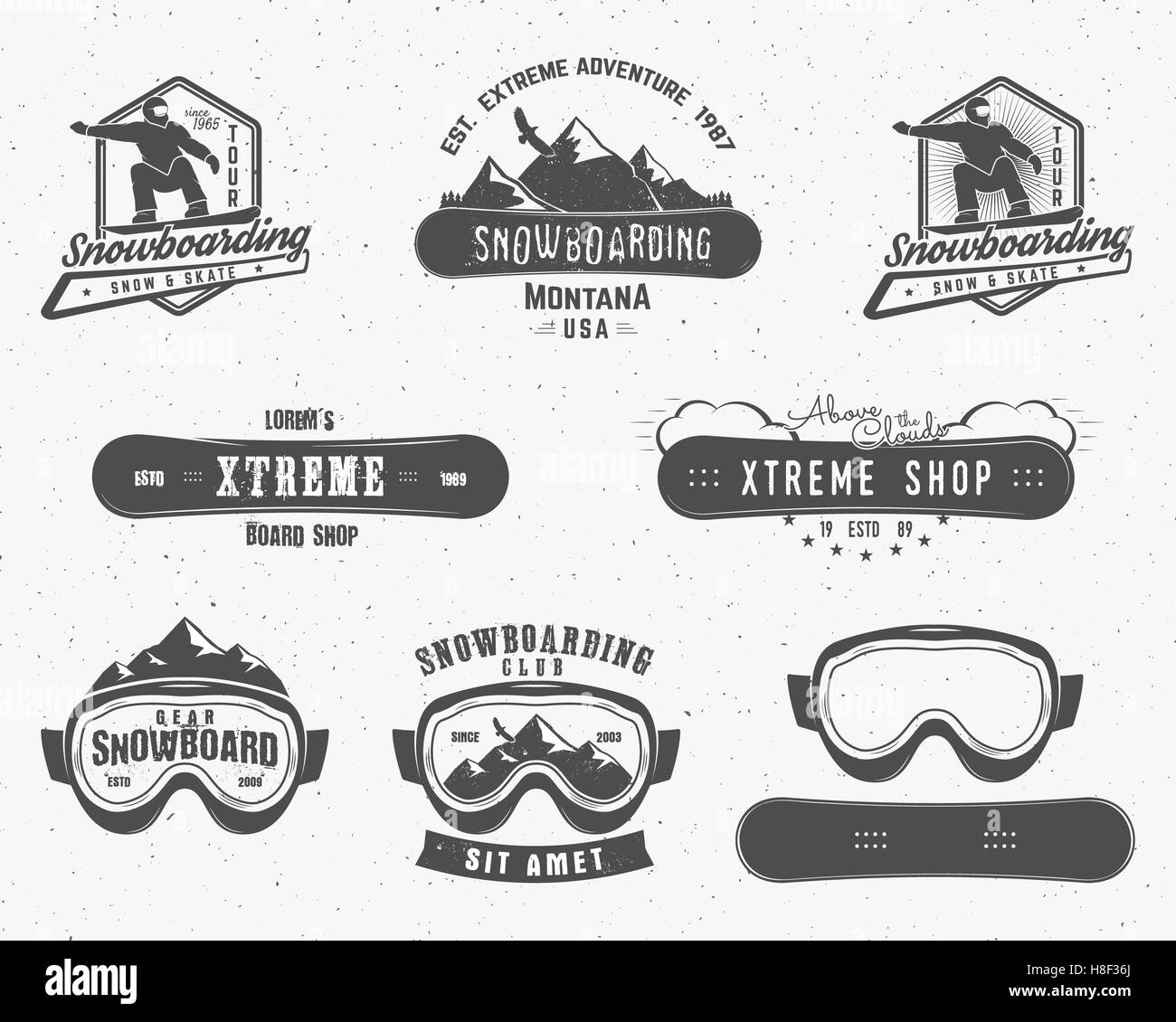 Satz von Snowboarding extreme Logo und Etikettenvorlagen. Winter-Snowboard-Sport-Lager-Abzeichen. Emblem und Symbol Bergabenteuer Abzeichen, Symbol und Element Vintage Stil Monochrom. Retro-Design. Stockfoto