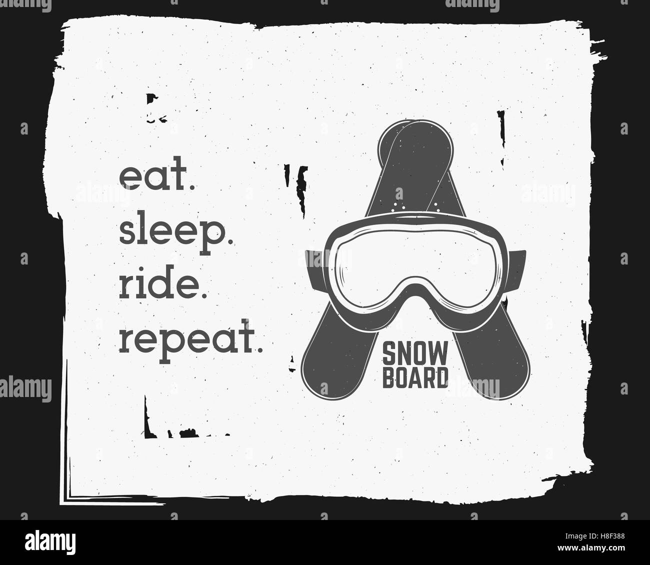 Snowboard extreme Aufkleber. Angebotsvorlage Hintergrund Motivation. Winter Snowboard Sport Broschüre, Flyer und Banner. Snowboarder-Emblem und Symbol. Mountain Adventure Vintage schwarz-weiß-design Stockfoto