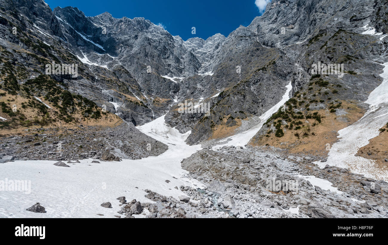 Deutsche Alpen tiefsten Schneefeld, Watzmann-Ostwand, Berchtesgaden, Bayern, Deutschland Stockfoto