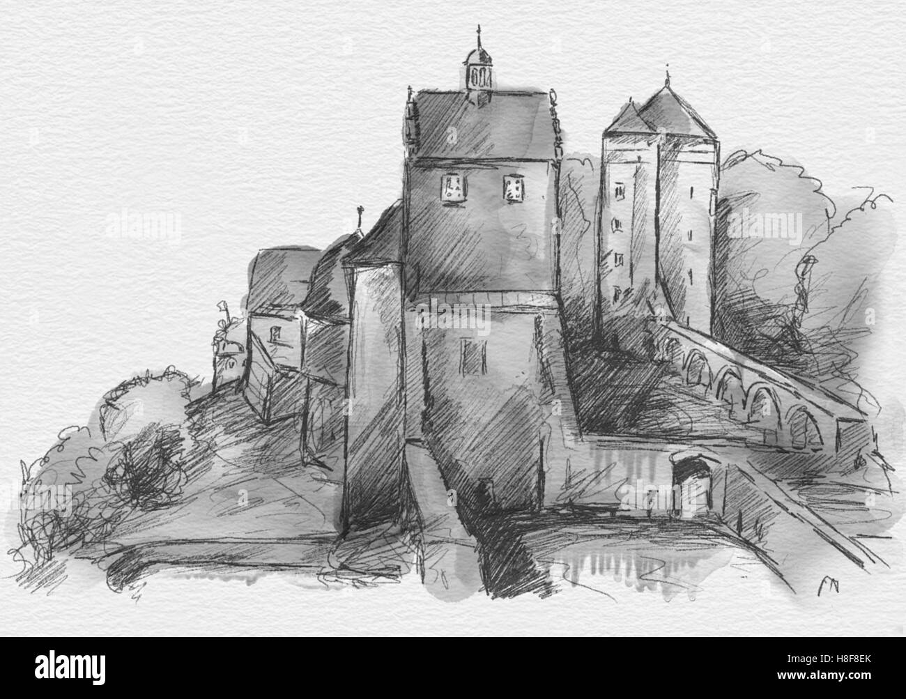 Skizze der Ruinen der mittelalterlichen Burg Stolpen, Sachsen, Deutschland Stockfoto