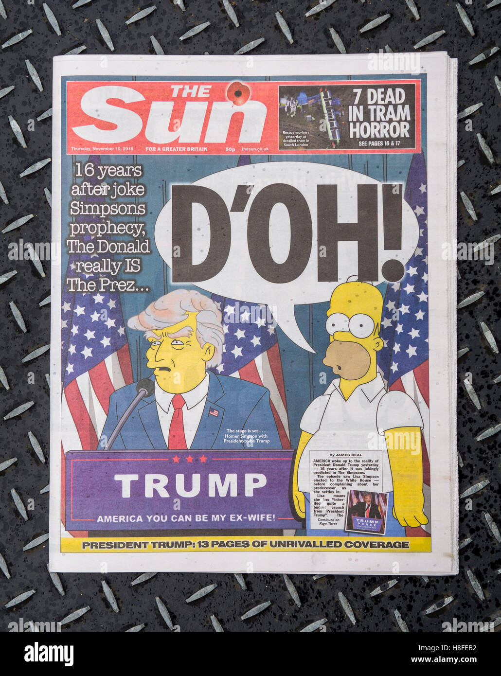 Die Titelseite der Zeitung Sun berichtet über das Ergebnis der US-Präsidentschaftswahl, in dem Donald Trump der 45. Präsident der Vereinigten Staaten wurde. Stockfoto