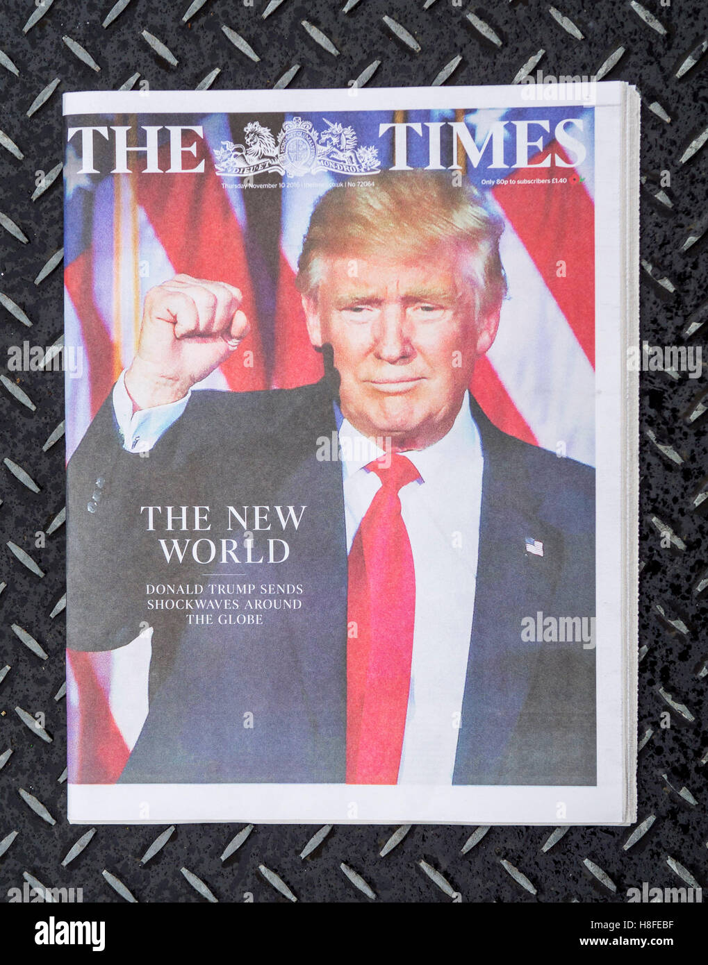 Die Titelseite der Times berichtet über das Ergebnis der US-Präsidentschaftswahl, in dem Donald Trump zum 45. Präsidenten der Vereinigten Staaten wurde. Stockfoto