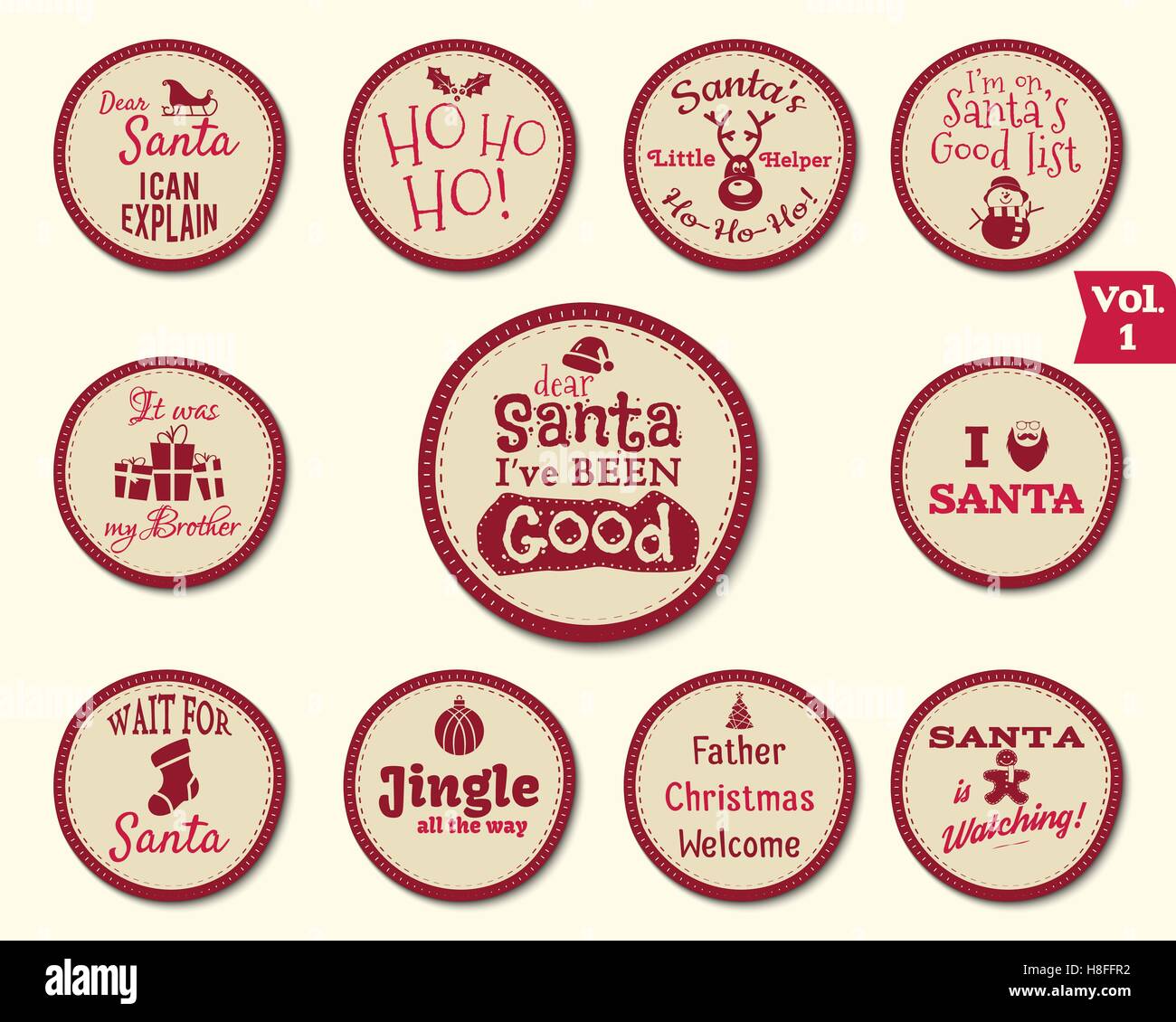 Weihnachten-Abzeichen und Designelemente mit lustigen Zeichen, Angebote für Kinder. Neujahr-Etiketten und Urlaub Kollektion Elements isoliert auf weißem Hintergrund. Vektor-illustration Stock Vektor