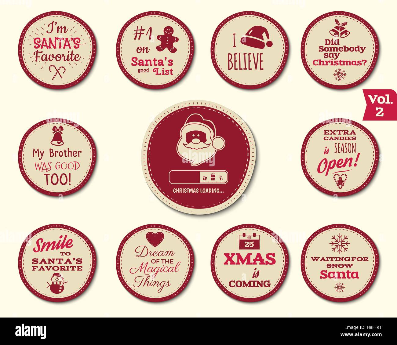 Weihnachten-Abzeichen und Designelemente mit lustigen Zeichen, Angebote für Kinder. Neujahr-Etiketten, Urlaub Santa Kollektion Elements 2 isoliert auf weißem Hintergrund. Vektor-illustration Stock Vektor