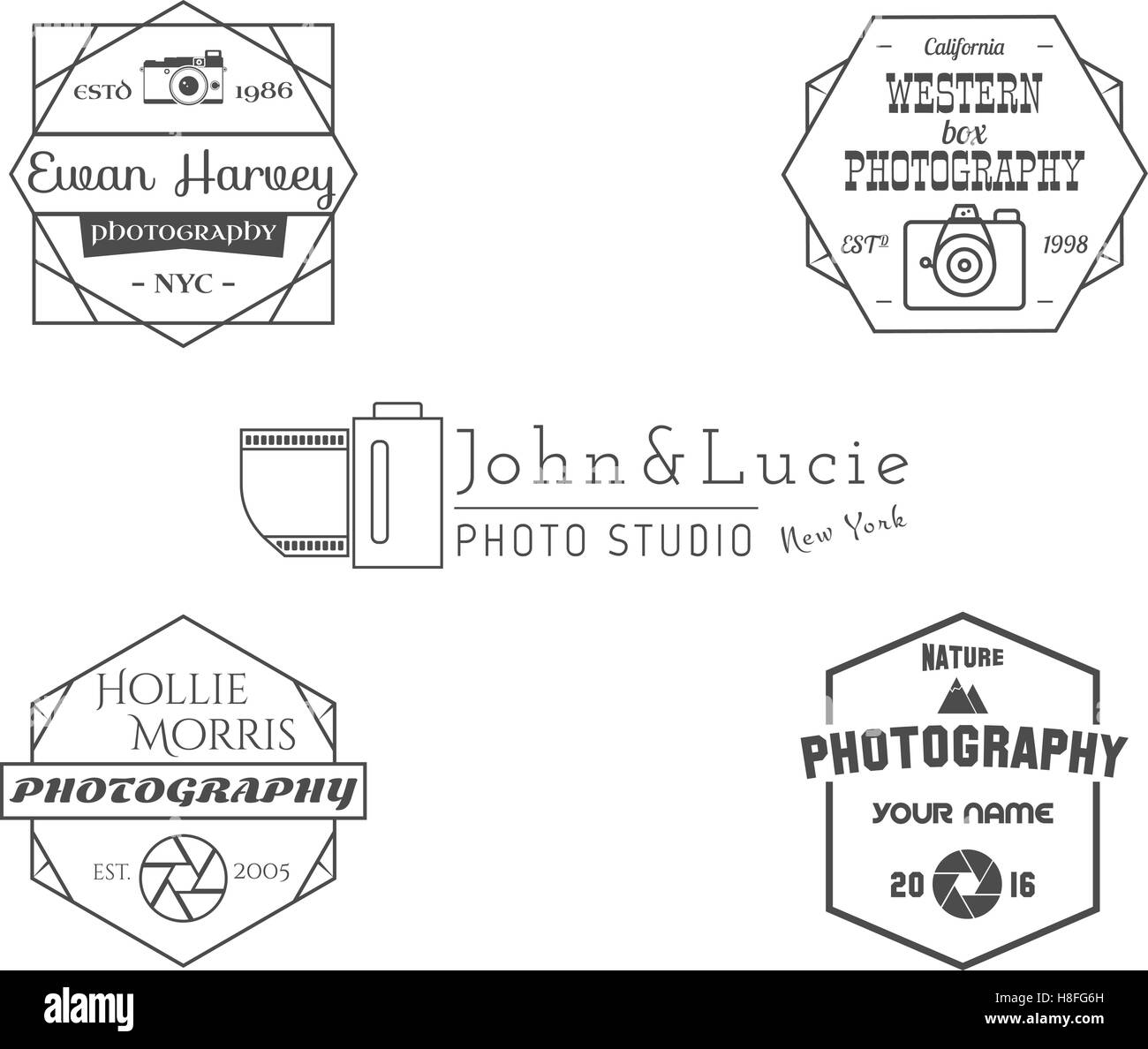 Vintage Fotografie Abzeichen, Etiketten. Monochrome Design mit stilvollen alten Kameras und Elemente. Retro-Stil für Fotostudio, Fotograf, Ausrüstung Shop. Zeichen, Logos. Vektor-illustration Stock Vektor